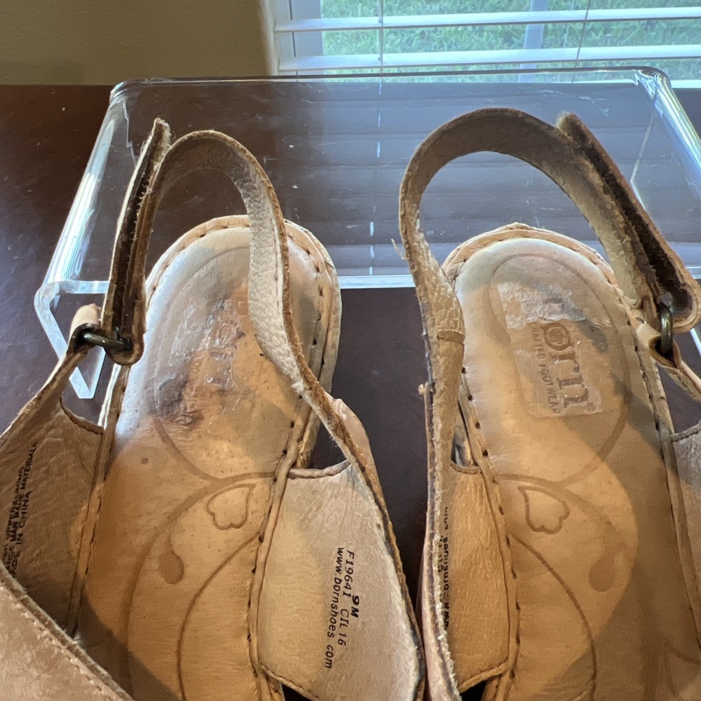 Born Tan Leather Cork Wedge Sandals Women Sz 9 Boho F19641 Comfort High Heel - Picture 9 of 10